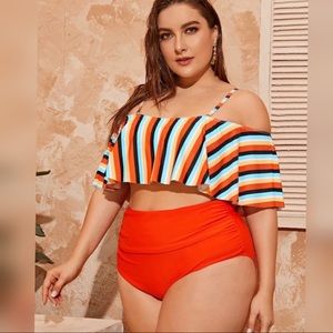 Plus Striped Flounce High Waisted Bikini Swimsuit